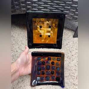 Fused Art Glass Plates Square Dish Decor lot of 2